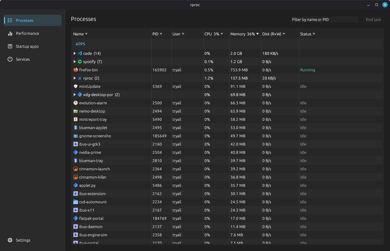The Processes tab. Each row carries a freedesktop icon, decoded and downscaled to ~20 px before caching rather than held at native resolution. Clickable rows live in a persistent model that's mutated in place, never rebuilt, so a click never gets dropped by a refresh.