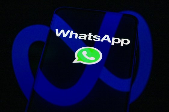 The WhatsApp logo is displayed on a mobile phone screen in this photo illustration.